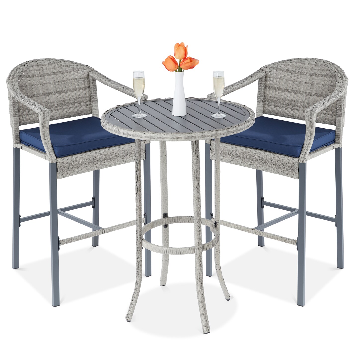 Best Choice Products 3-Piece Outdoor Wicker Bistro Bar Height Set for Patio, Garden w/ Barstools, Steel Frame