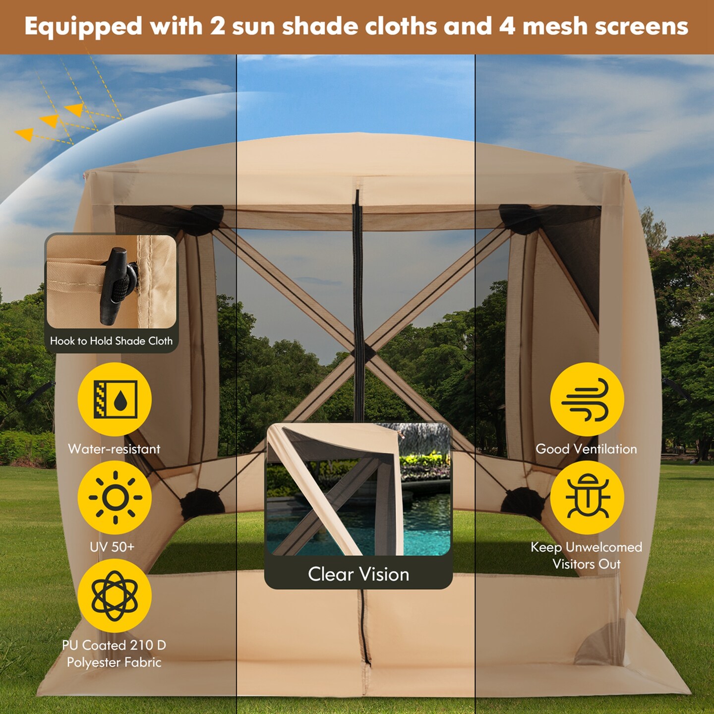 Costway 6.7 FT x 6.7 FT 4-Panel Pop up Camping Gazebo Quick-Set with 2 Sunshade Cloths Coffee/Green