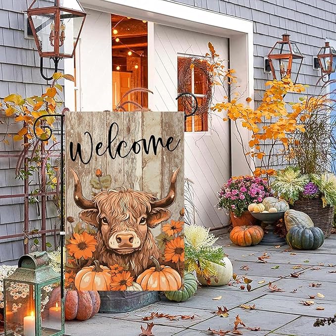 Fall Highland Cow Garden Flags 12x18 Double Sided, Welcome Fall Pumpkin Yard Flag for Outside Decor, Autumn Thanksgiving Holiday Outdoor Seasonal Decorations for Homes