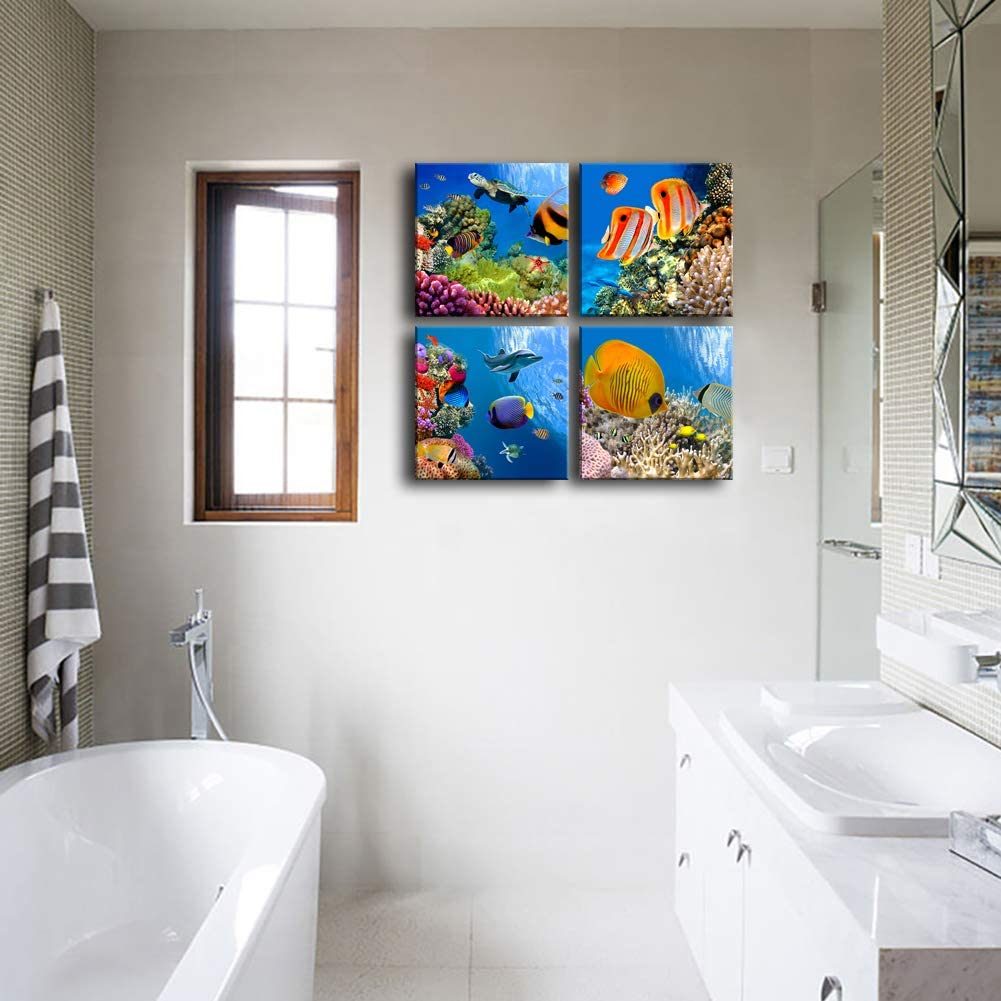 Bathroom Canvas Wall Art Sea Turtle Wall Decor for Living Room Colorful Fish Coral Dolphin Ocean Theme Underwater World Pictures for Bedroom Navy Seascape Artwork Framed Nautical Wall Decor