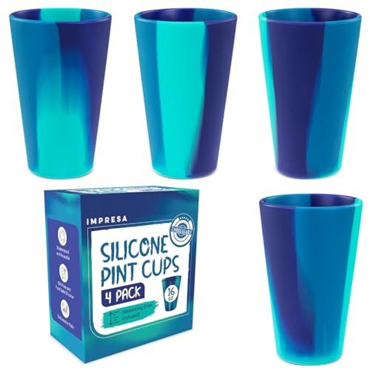 [4 Pack] 16oz Shatterproof Drinking Glasses - Silicone Cups Set for Outdoor Party Cups, Pool Cups &#x26; Beach Essentials - Pint Glass Reusable Cup - Alcohol Accessories Drinking Cups - Insulated Cup Set