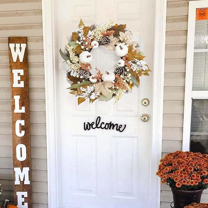 Fall Decor - Fall Wreaths for Front Door - 18&#x22; Autumn Maples Leaf Pumpkin Pine Cone Berry Wreath - Fall Decorations for Thanksgiving and Halloween Farmhouse Harvest Home Outdoor Indoor Window Wall.