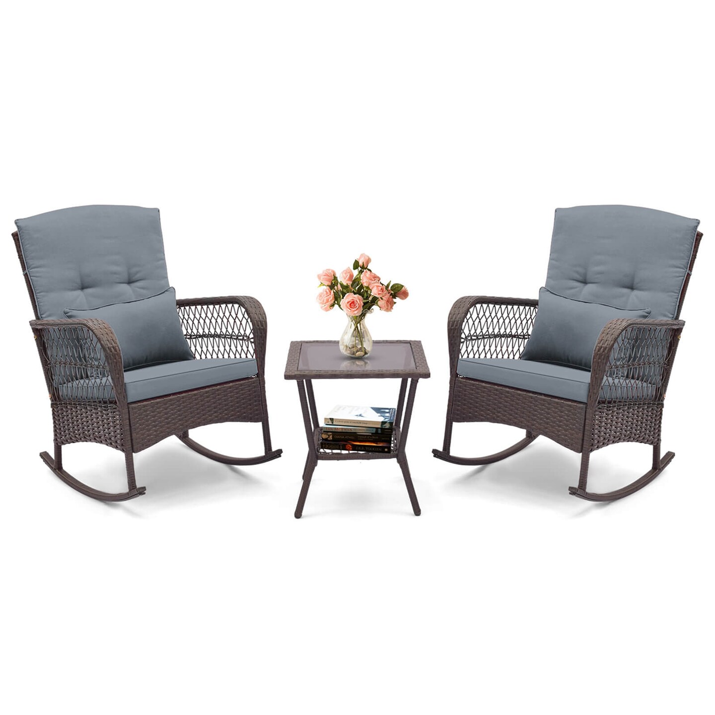 Costway 3 PCS Patio Rocker Set Outdoor Wicker Rocking Chairs with Double-Layer Coffee Table Gray/Navy/Beige/Red