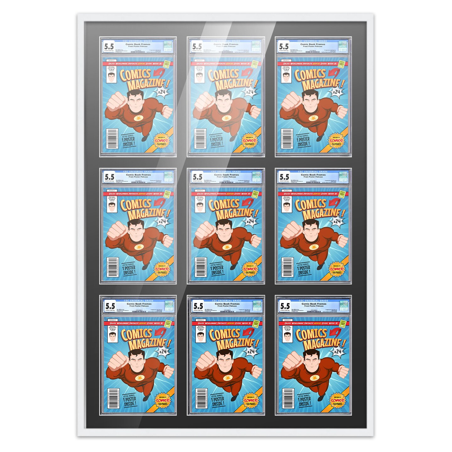 Comic Book Display Frame for Graded Comics - White Wood Comic Frame With Black Mat for 8.125x13 Comics, 18 Frame Sizes