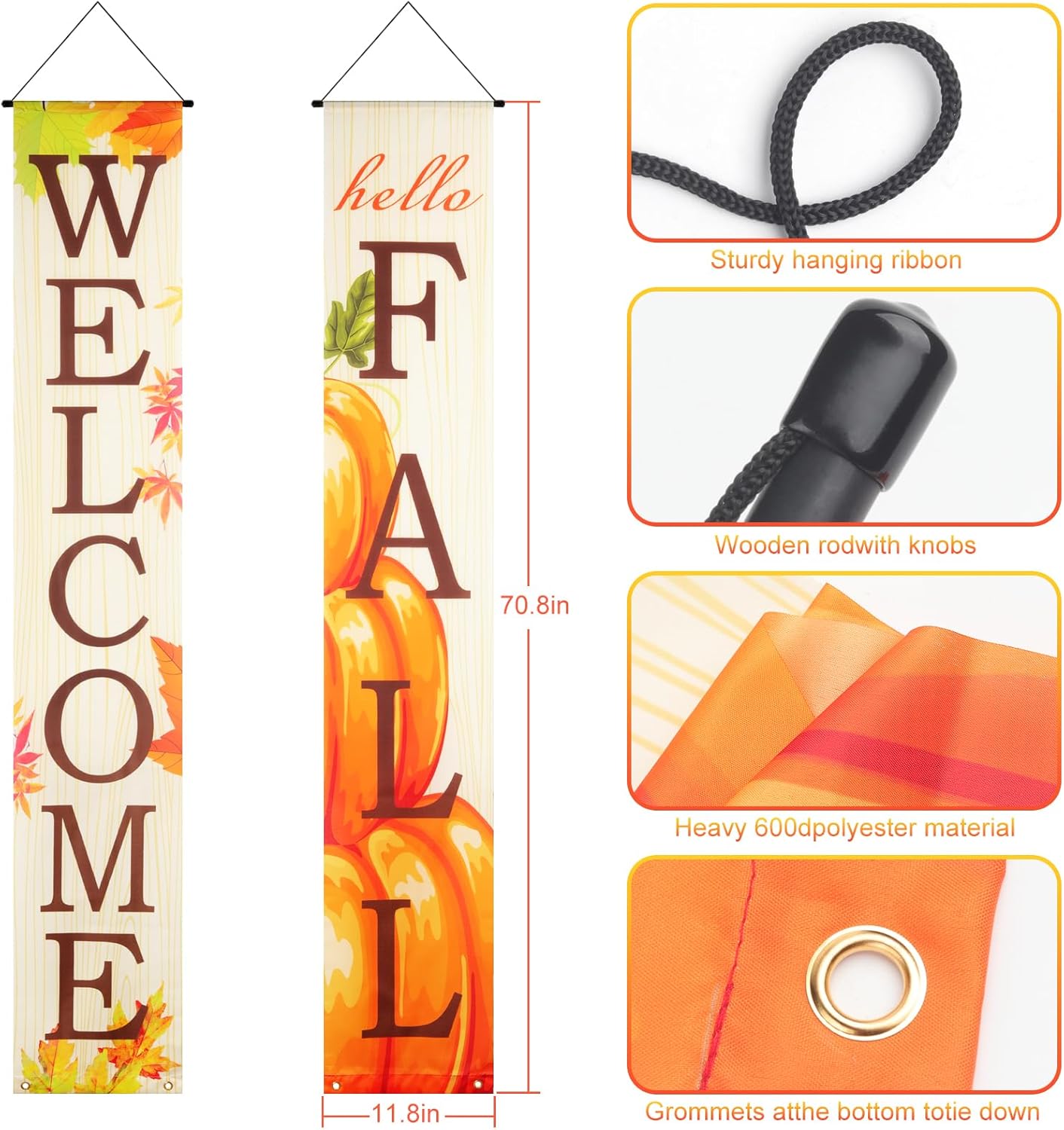3 Pieces Fall Decorations for Front Door, LED Fall Wreaths, Maple Leaf String Lights, Welcome and Hello Fall Signs Porch Banners, Artificial Pumpkin Pinecone Wreath, for Thanksgiving Home Decor
