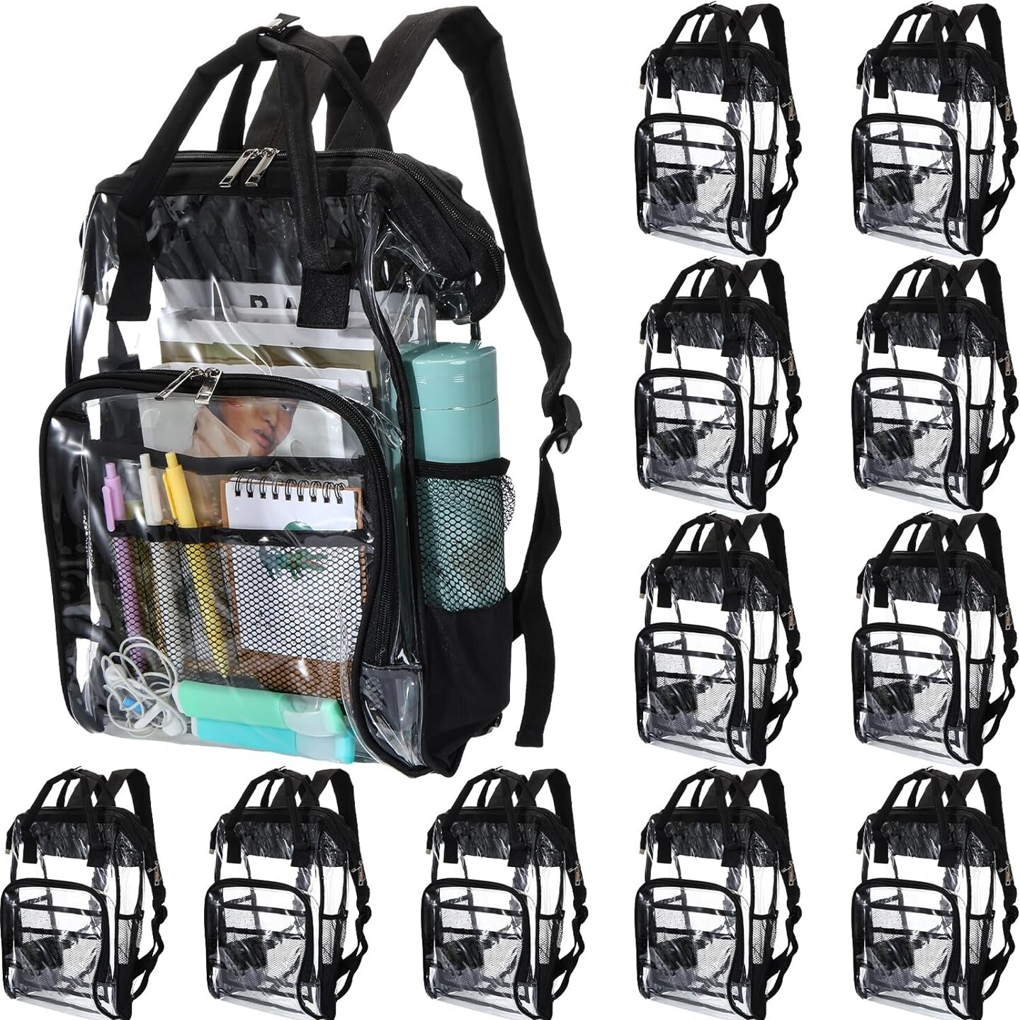 12 Pcs Heavy Duty Clear Backpack 15&#x22; Clear Stadium Backpack Stadium Approved Large Transparent Backpacks for School Donation, Stadium Events Supplies(Black)
