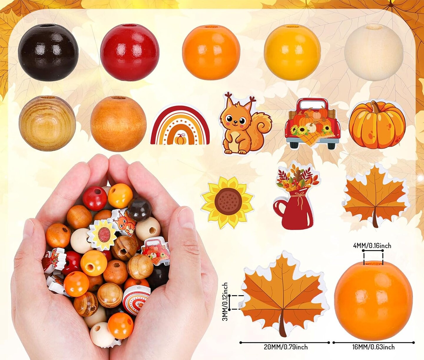 245 Pieces Fall Wooden Beads Rustic Farmhouse Craft Beads Autumn Maple Leaves Pumpkins Flower Shape Spacer Beads Natural Round Beads for Thanksgiving DIY Craft Making Bracelet Necklace Decor.