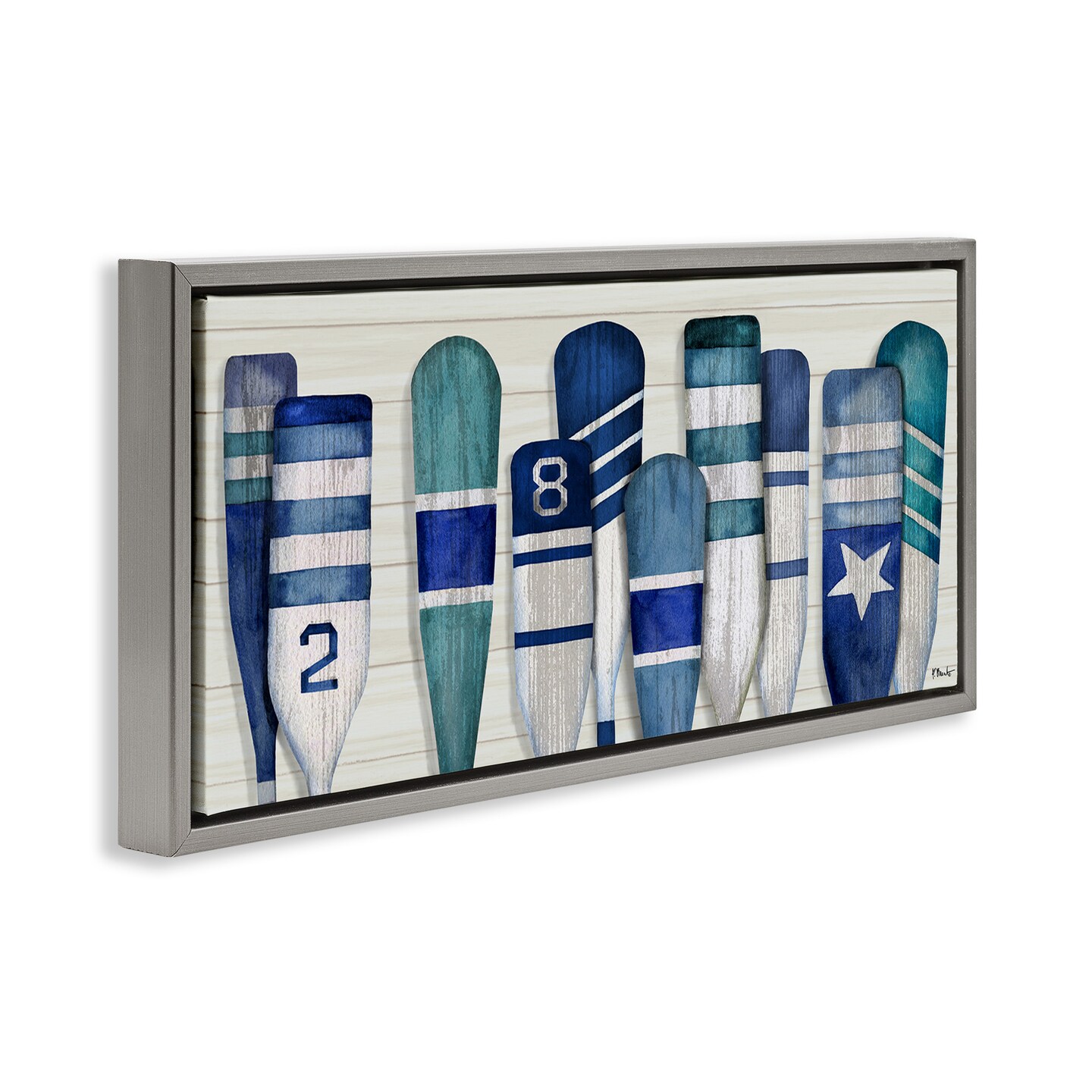 Stupell Industries Port Oars Nautical Blue Patterns Framed Floater Canvas Wall Art