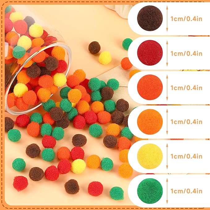 Fall Pom Pom Balls, 1,000 Pieces Orange Brown Pom Poms for Crafts Making DIY Autumn Thanksgiving Party Decorations Supplies (6 Colours, 1 cm)
