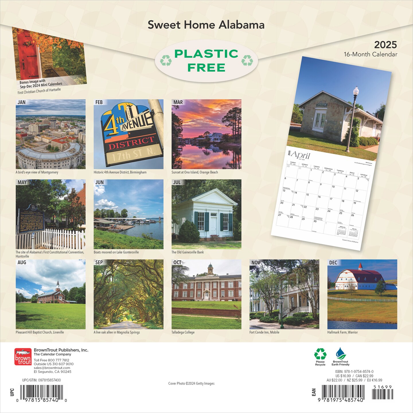Sweet Home Alabama | Alabama Places | 2025 12 x 24 Inch Monthly Square Wall Calendar | Plastic-Free | BrownTrout | USA United States of America Southeast State Nature