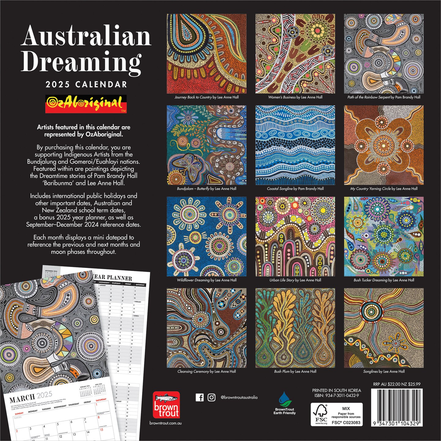 Australian Dreaming | 2025 12 x 24 Inch Monthly Square Wall Calendar | BrownTrout | Aboriginal Art