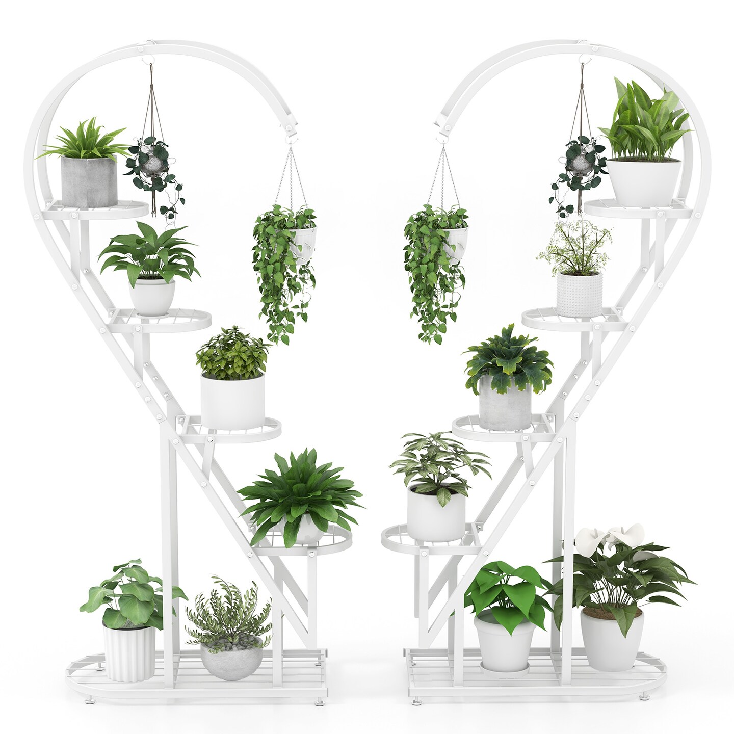 Costway 5 Tier Metal Plant Stand Heart-shaped Shelf with Hanging Hook for Multiple Plants Black/White/Pink & Blue