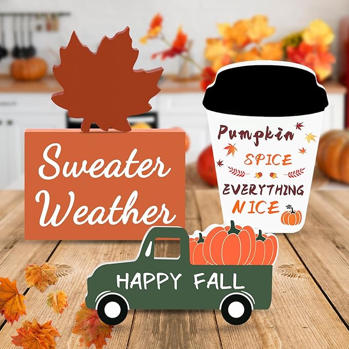 Fall Decorations for Home 4 Piece Wooden Coffee Cup Maple Leaf Car Sweater Weather Sign Farmhouse Table Tiered Tray Decor Thanksgiving Decoration