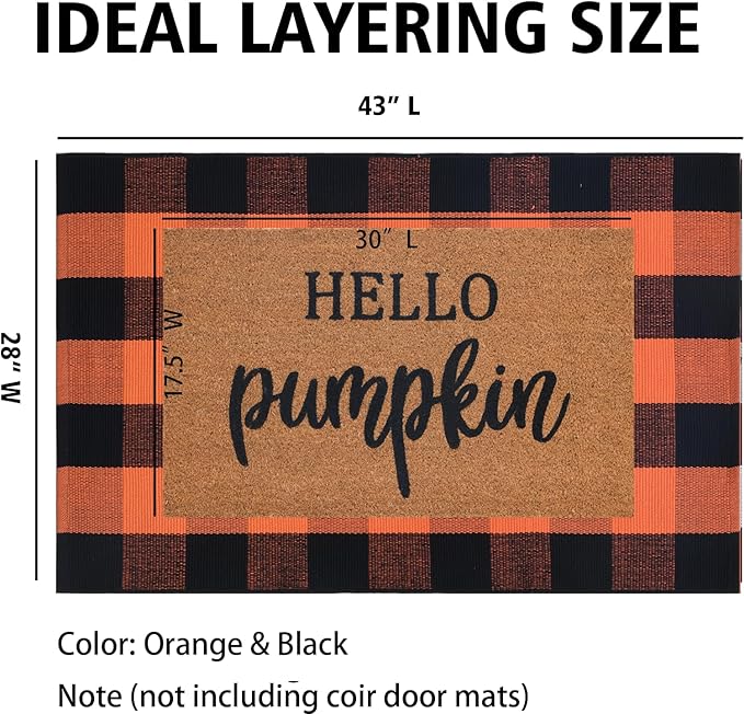 Orange and Black Plaid Rug, 28&#x22; x 43&#x22; Fall Outdoor Front Door Decor Mat, Cotton Washable Hand-Woven Rug for Layered Doormat, Autumn Halloween Thanksgiving Carpet for Porch or Entryway