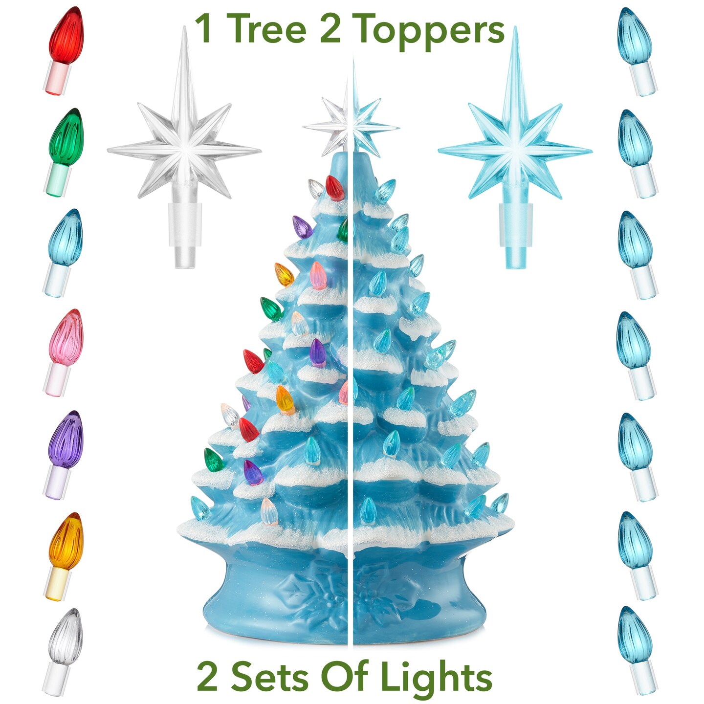 Casafield Hand Painted Ceramic Christmas Tree, Blue Snow Flocked  15-Inch Pre-Lit Tree with 128 Multi Color Lights and 2 Star Toppers