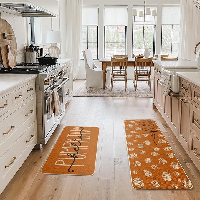 Orange Hello Pumpkin Fall Kitchen Mats Set of 2, Autumn Home Decor Low-Profile Kitchen Rugs for Floor (17x29 and 17x47 Inch)