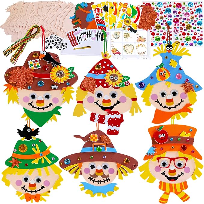 24 sets Fall Scarecrow Head Craft Kits. Autumn Harvest Scarecrow Tree Ornaments Art Sets Small Scarecrow Crafts for Kids: Thanksgiving Festival Activities. Art Project Party Favors