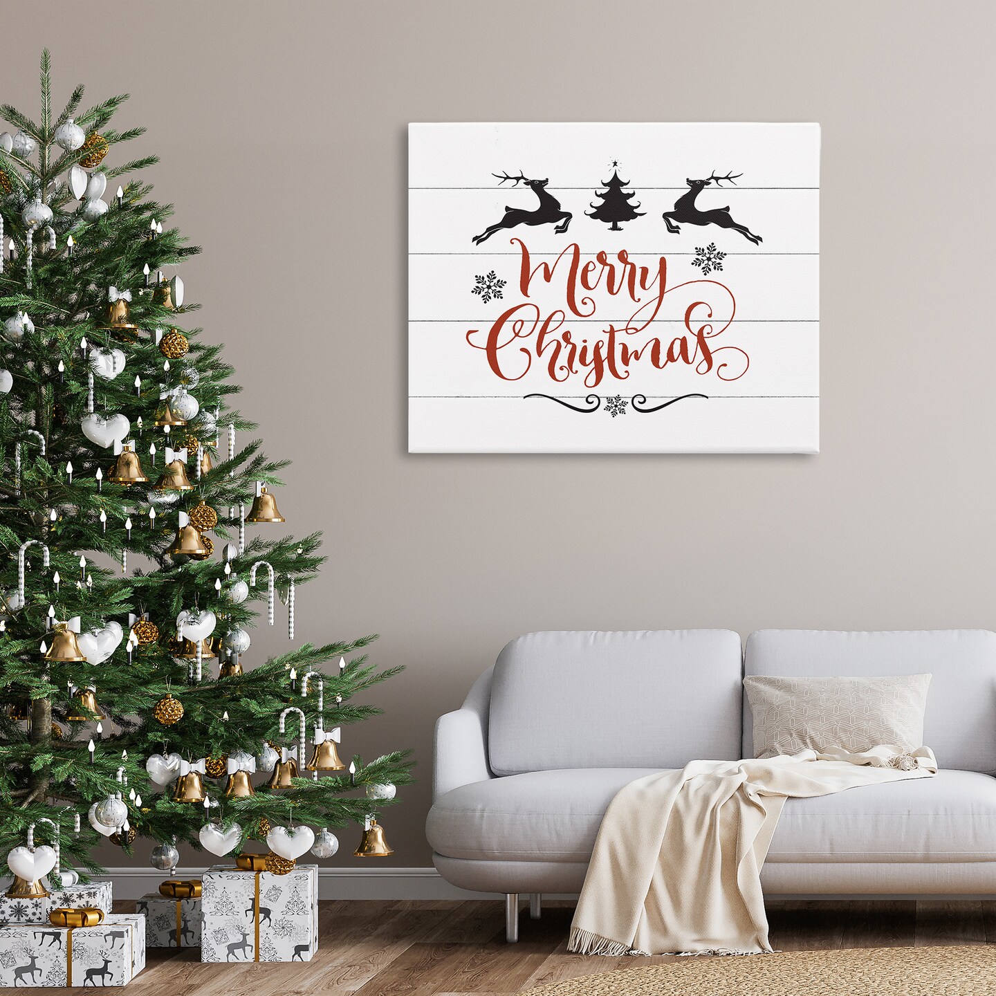 Stupell Industries Merry Christmas with Reindeer Canvas Wall Art