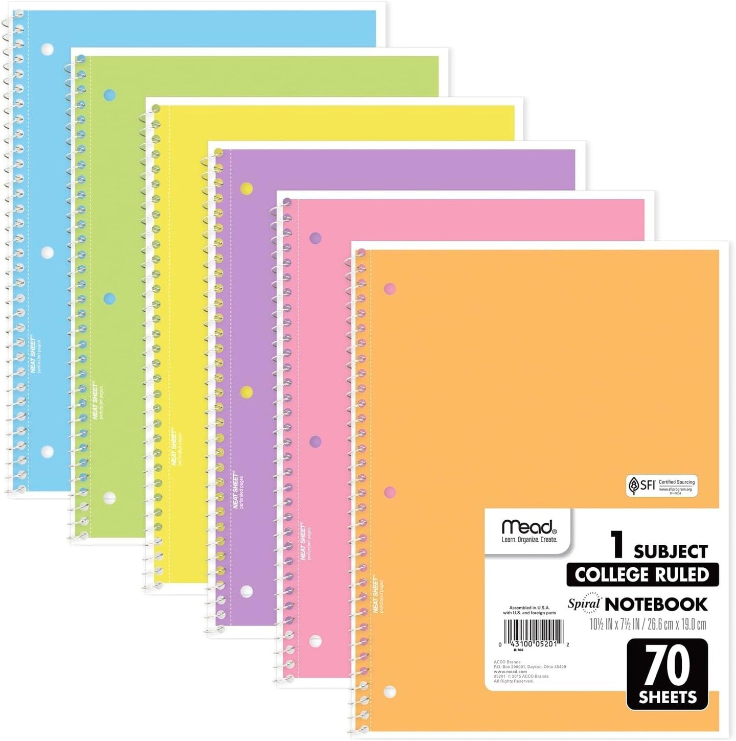 Spiral Notebooks, 6 Pack, 1-Subject, College Ruled Paper, 8&#x22; X 10-1/2&#x22;, 70 Sheets, Assorted Pastel Colors (830049)