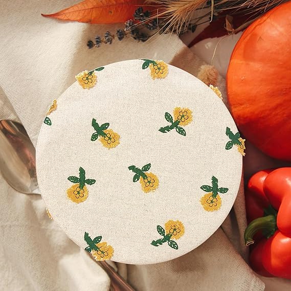 3 Pieces Embroidered Daisy Cloth Bowl Covers, Reusable Bowl Covers for Bread Proofing, Linen Fabric Covers for 7&#x22;-15.5&#x22; Bowls