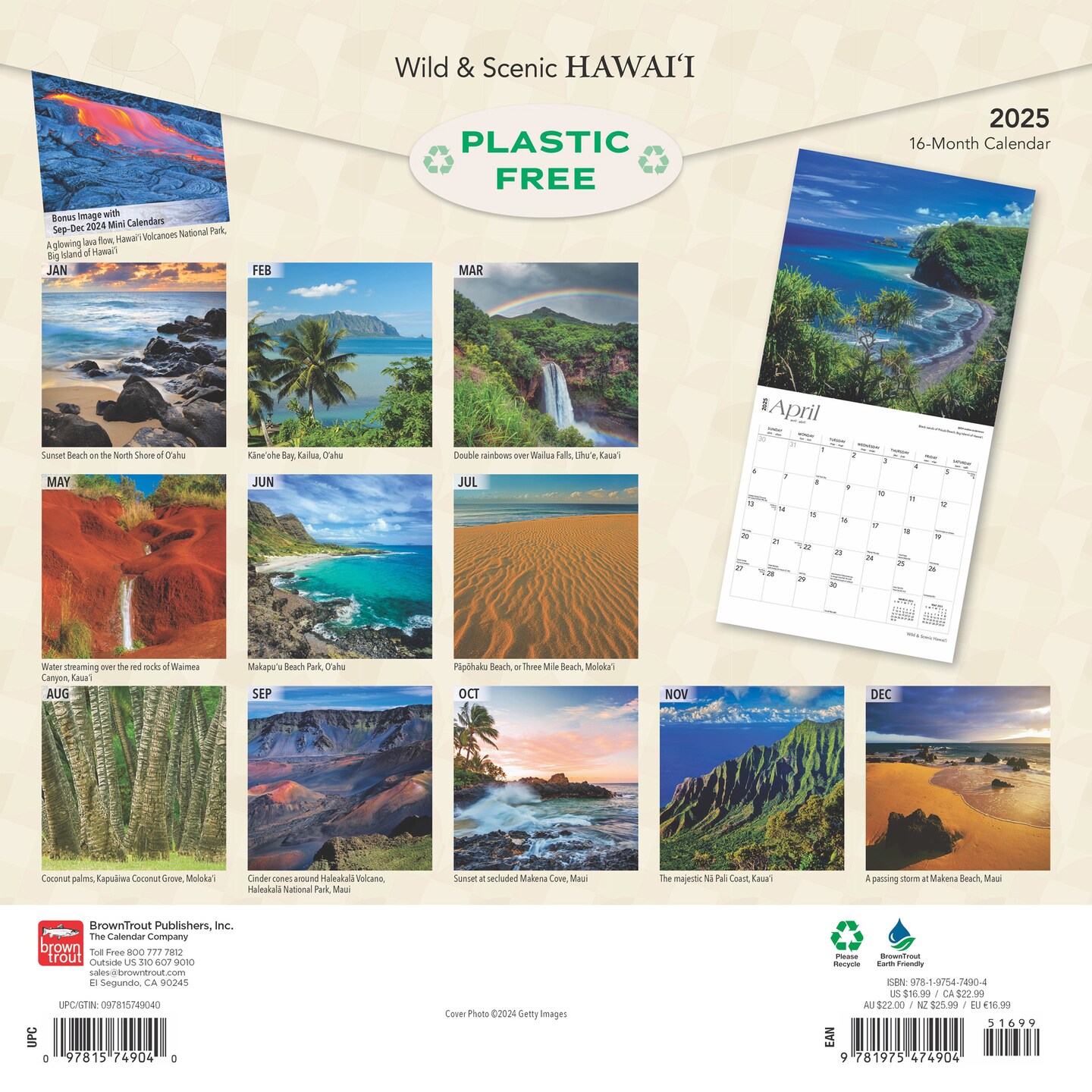 Hawaii Wild &#x26; Scenic | 2025 12 x 24 Inch Monthly Square Wall Calendar | Foil Stamped Cover | Plastic-Free | BrownTrout | USA United States of America Noncontiguous State Nature