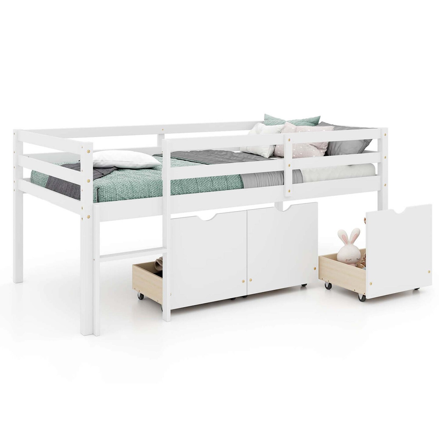 Costway Twin Size Low Loft Bed with 3 Drawers Ladder & Full-length Guardrails Storage White/Grey