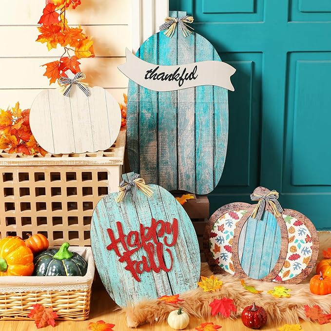 Set of 4 Fall Decorations for Home Outdoor Wood Porch Stands Pumpkin Decor Thanksgiving decorations Welcome Home Sign with Happy Fall Lettering for Front Door, Garden, and Patio (Classic Style)