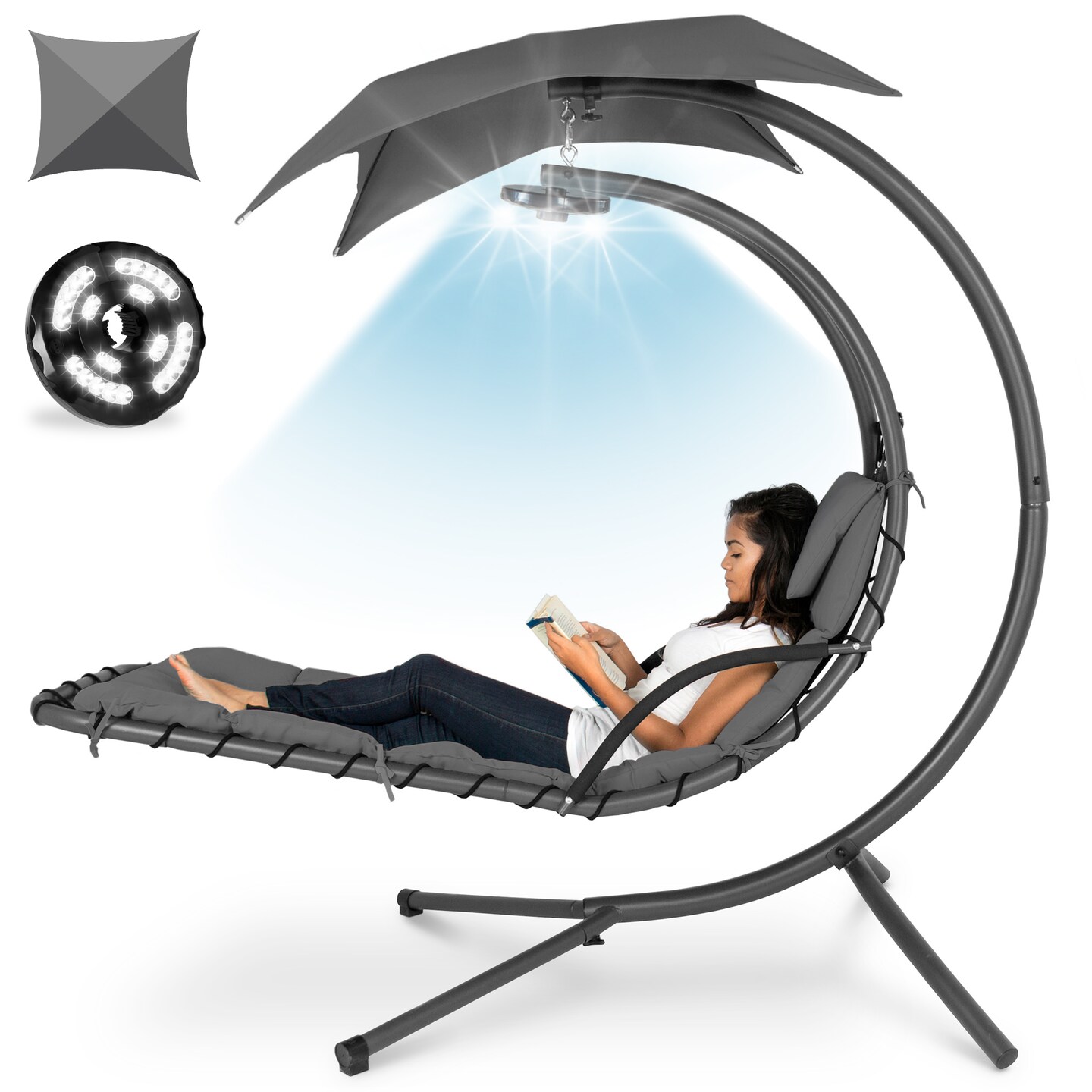 Best Choice Products Hanging LED-Lit Curved Chaise Lounge Chair for Backyard, Patio w/ Pillow, Canopy, Stand