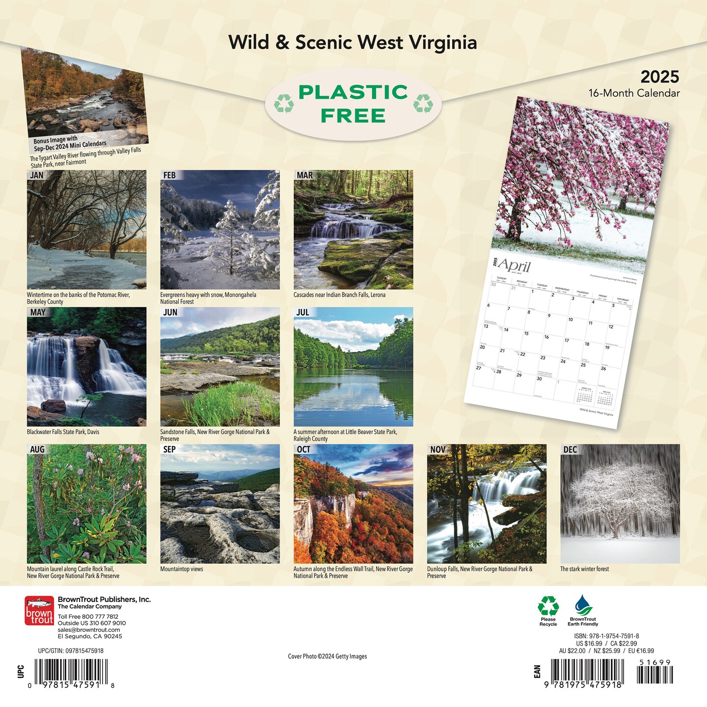 West Virginia Wild &#x26; Scenic | 2025 12 x 24 Inch Monthly Square Wall Calendar | Plastic-Free | BrownTrout | USA United States of America Southeast State Nature