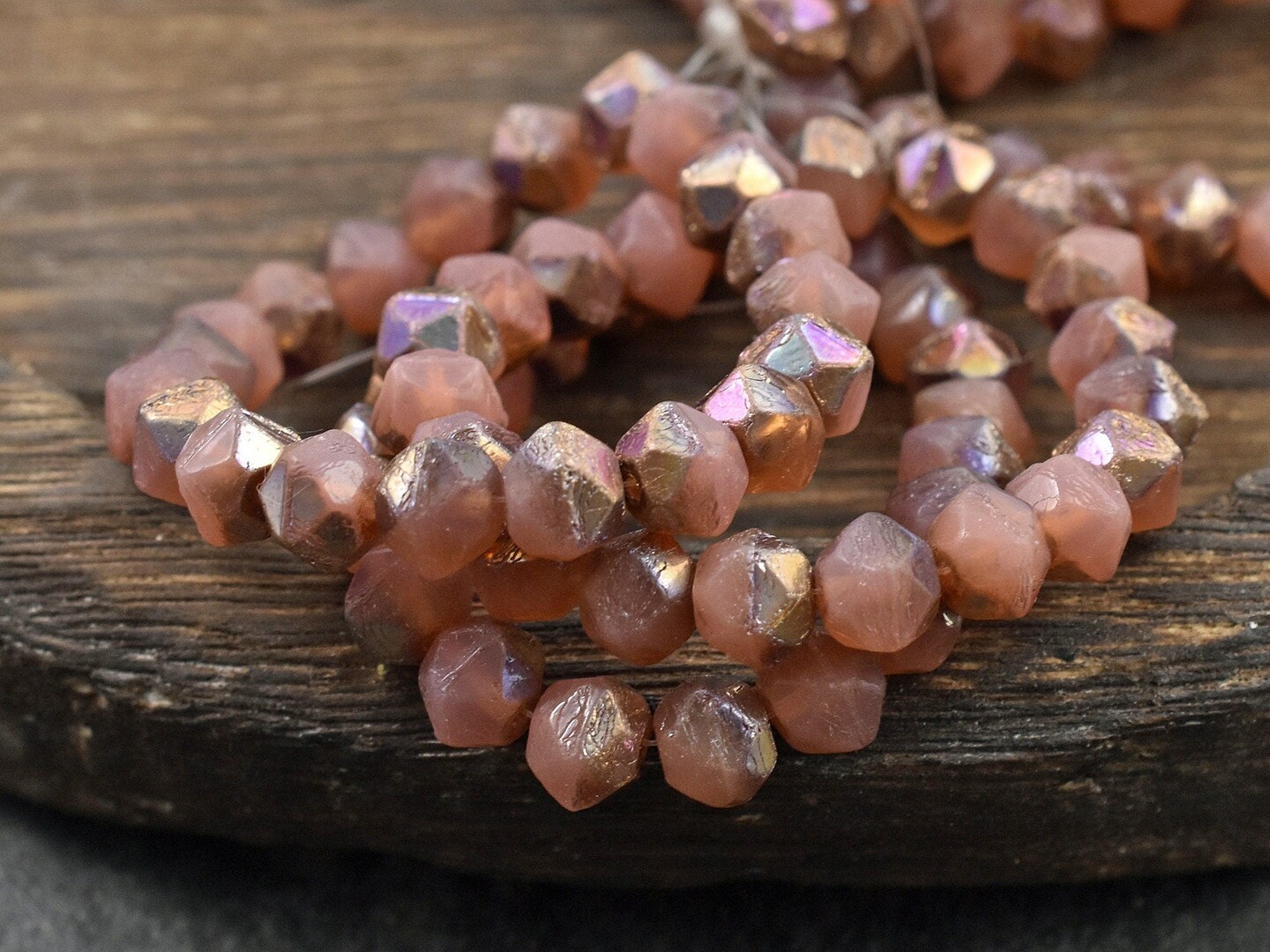 *20* 8mm Copper Rainbow Washed Salmon Pink Opal English Cut Round Beads
