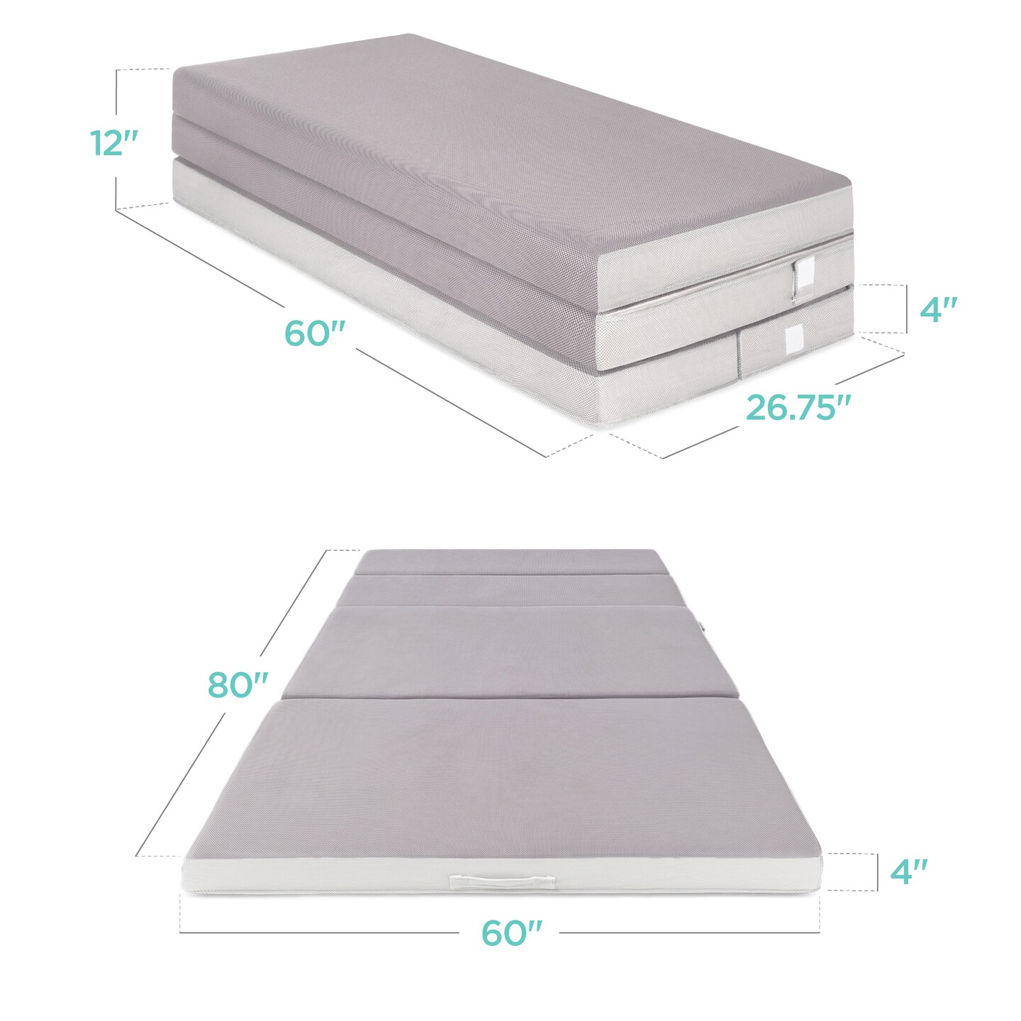 Best Choice Products 4in Thick Folding Portable Gray Mattress Topper w/ Carry Case, Washable Cover