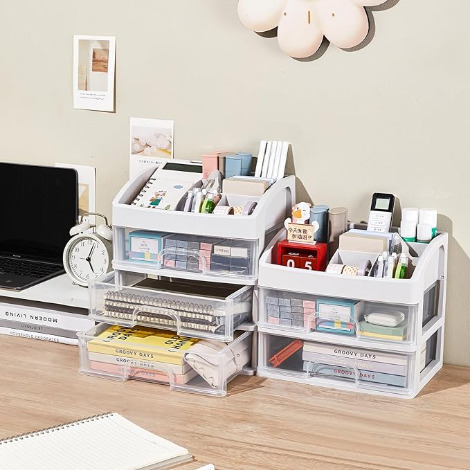 Desk Organizer with Drawers: 3 Drawer Storage Organizer, Desktop Storage Drawers for Office Supplies, Plastic Stationary Organizer, Makeup Organizer, Desk Storage Box for Office, School, and Home