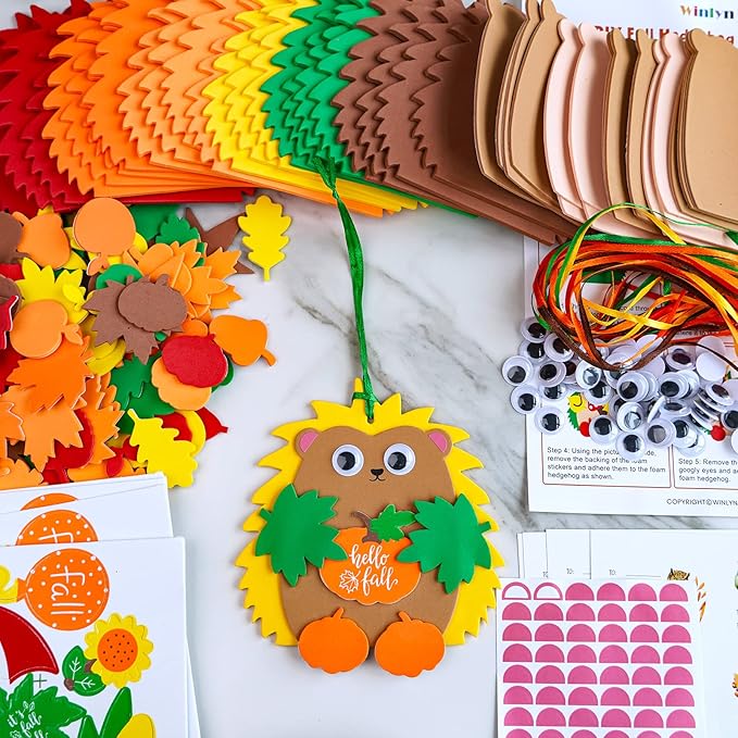 Fall Craft Kits, 24 Sets DIY Fall Hedgehog Ornaments and Decorations Art Sets Autumn Maple Leaf Pumpkin Foam Stickers. Googly eyes for kids. Thanksgiving Halloween Classroom Activities Party Favors
