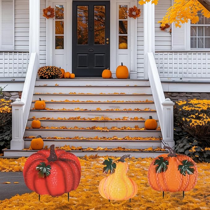 Outdoor Fall Decorations for Home, 34&#x22; Decorative Garden Stakes with 3 Stacked Pumpkins for Fall Decor, Metal Yard Signs for Garden, Lawn, and Patio Thanksgiving Decorations
