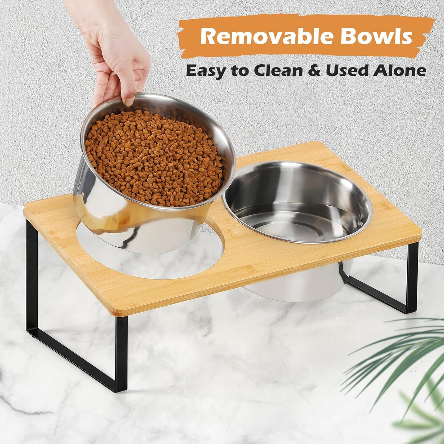 Dog Bowls Stand Bamboo Raised Dog Bowl with 2 Stainless Steel Food Water Bowls Set Food Feeding Dishes for Indoor Cat and Large Medium Dogs