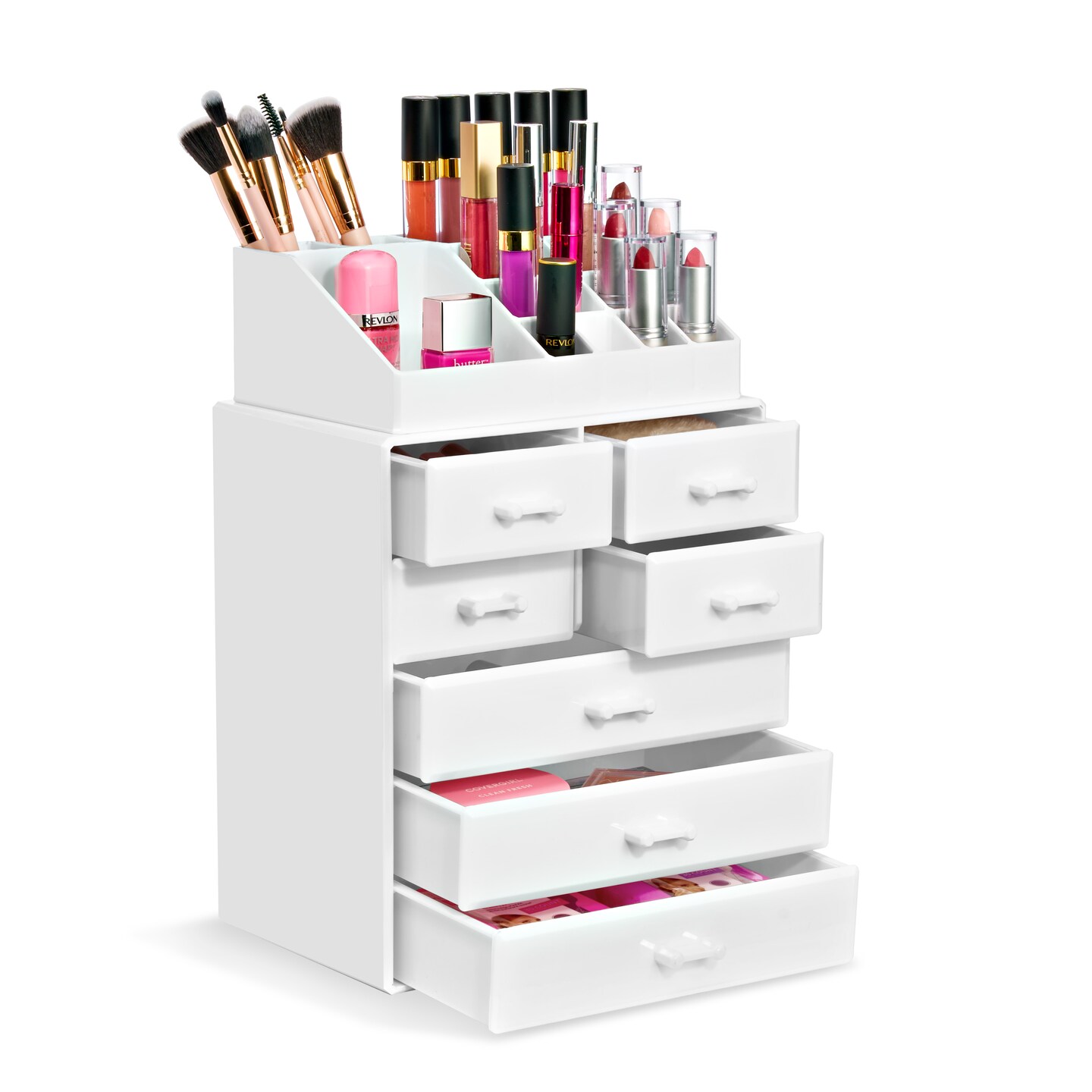 Sorbus Makeup Organizer, Brush Holder and Make Up Storage Drawers - Acrylic Makeup Case with 3 Large, 4 Small Drawers, & 1 Tray