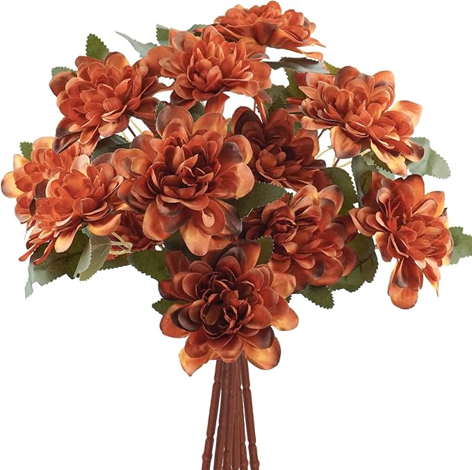 6 Pcs Artificial Daisy Mums Flowers with Stem, Burnt Orange Silk Flowers Arrangement for Home Party Fall Wedding Bouquet Thanksgiving Table Centerpieces Decor (Vintage Terracotta)