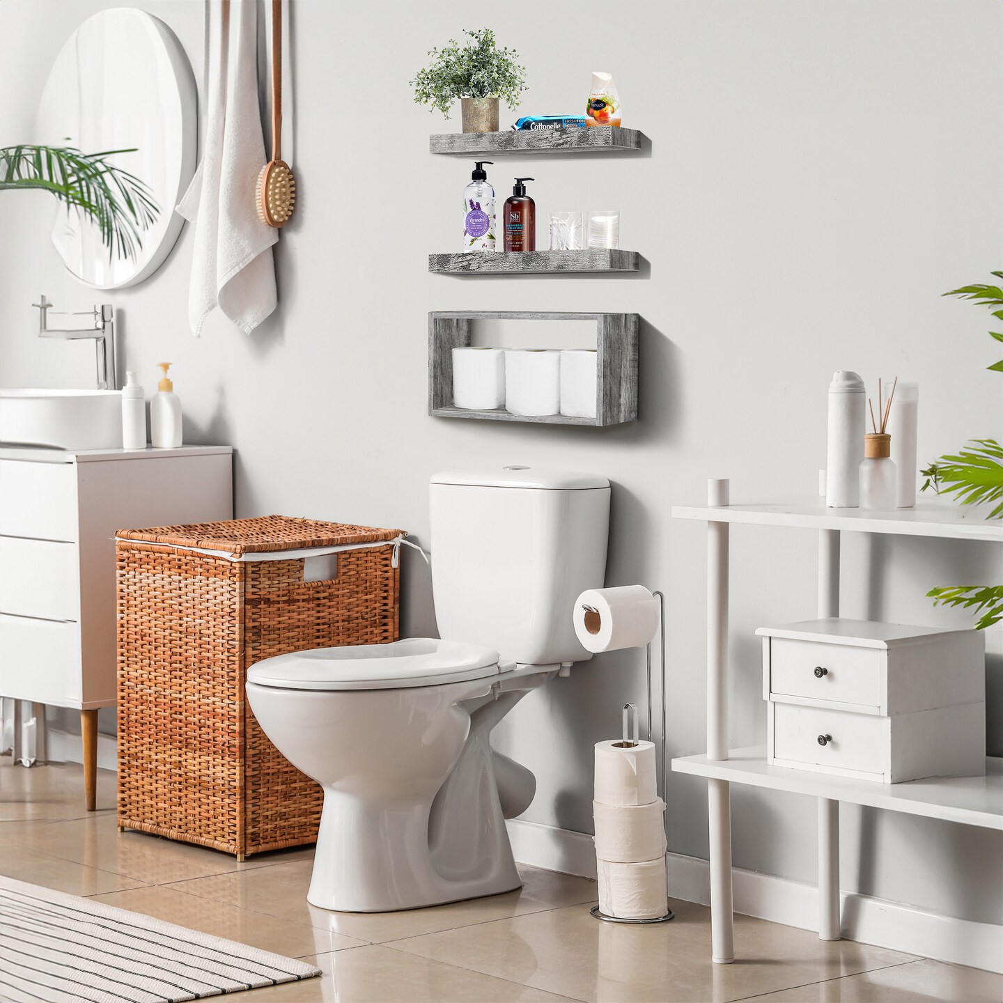 Sorbus Floating Shelves for Wall Set of 3 - Bathroom Shelves for Wall Storage, Over Toilet, Bedroom, Farmhouse, Wall Decor - 2 Floating Shelves with Invisible Brackets & 1 Rectangular Box