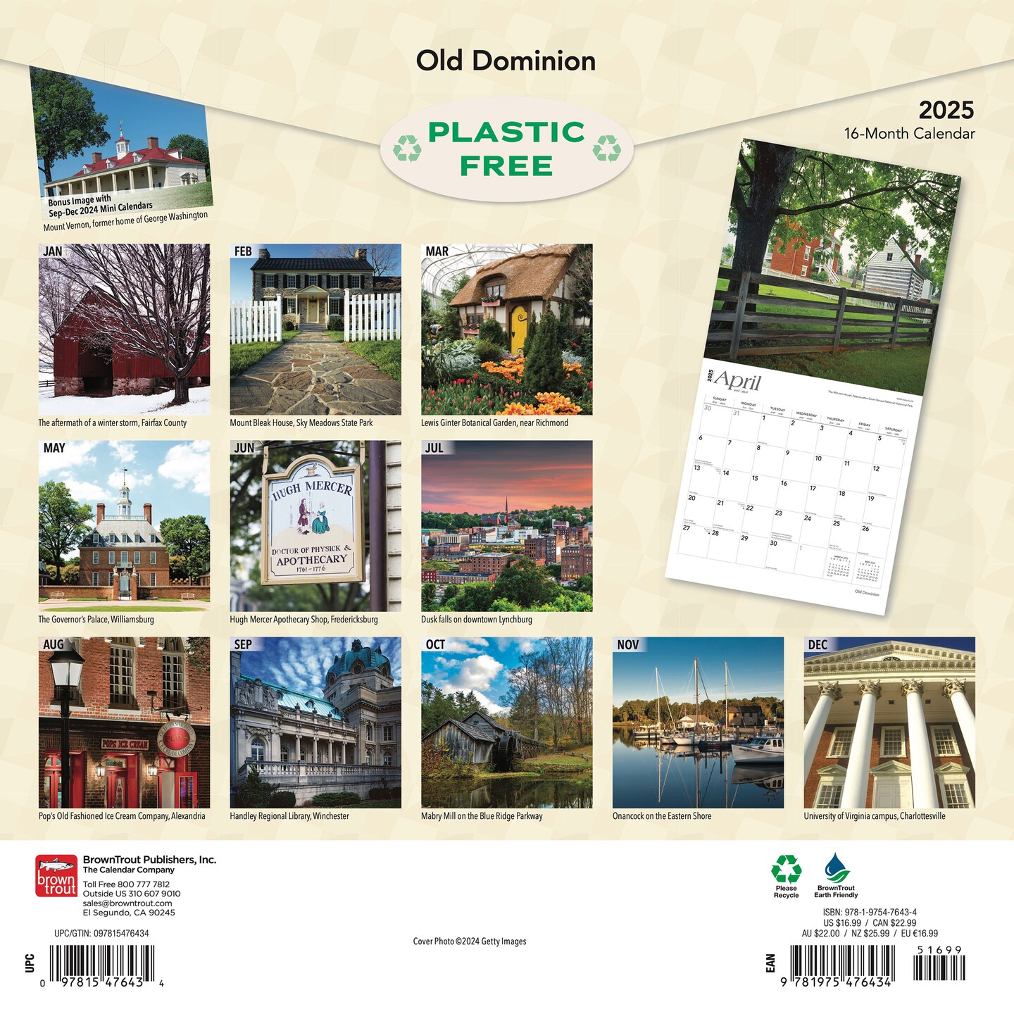 Old Dominion | Virginia Places | 2025 12 x 24 Inch Monthly Square Wall Calendar | Plastic-Free | BrownTrout | USA Appalachian Mountains Monticello Southwest State Nature