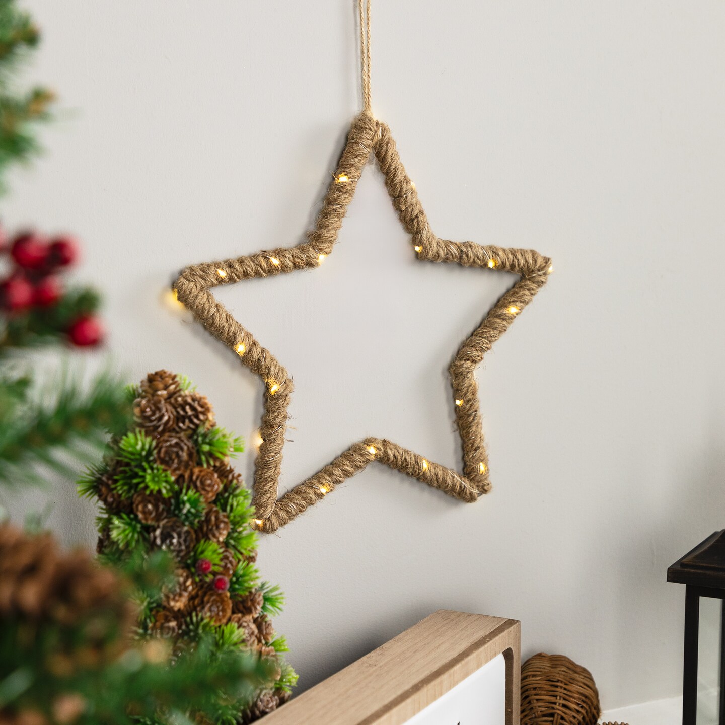 Northlight Lighted Jute Wrapped Star Silhouette Christmas Hanging Decoration - 11.5"