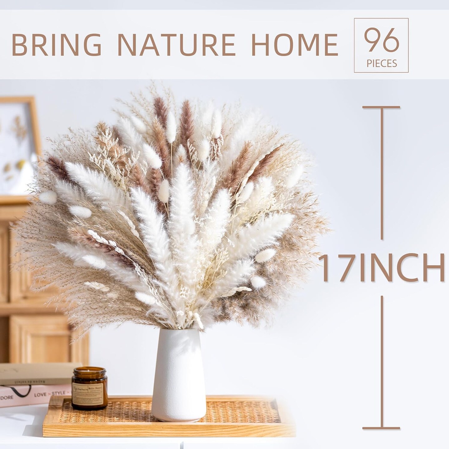 96 Piece Natural Dried Pampas Grass Boho Home Decor Bouquet Phragmites Dried Flowers Bouquet for Wedding Floral Arrangements Home Decorations (96 PCS)