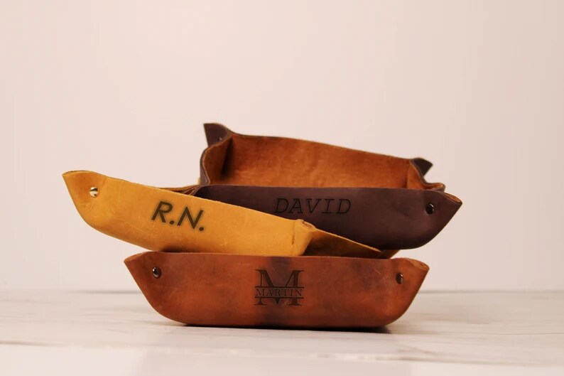 Father Birthday Gifts,Personalized Leather Catchall,Custom Valet Tray,Nightstand Organizer,Monogrammed Home Decor,Office Gift for Coworker product 3