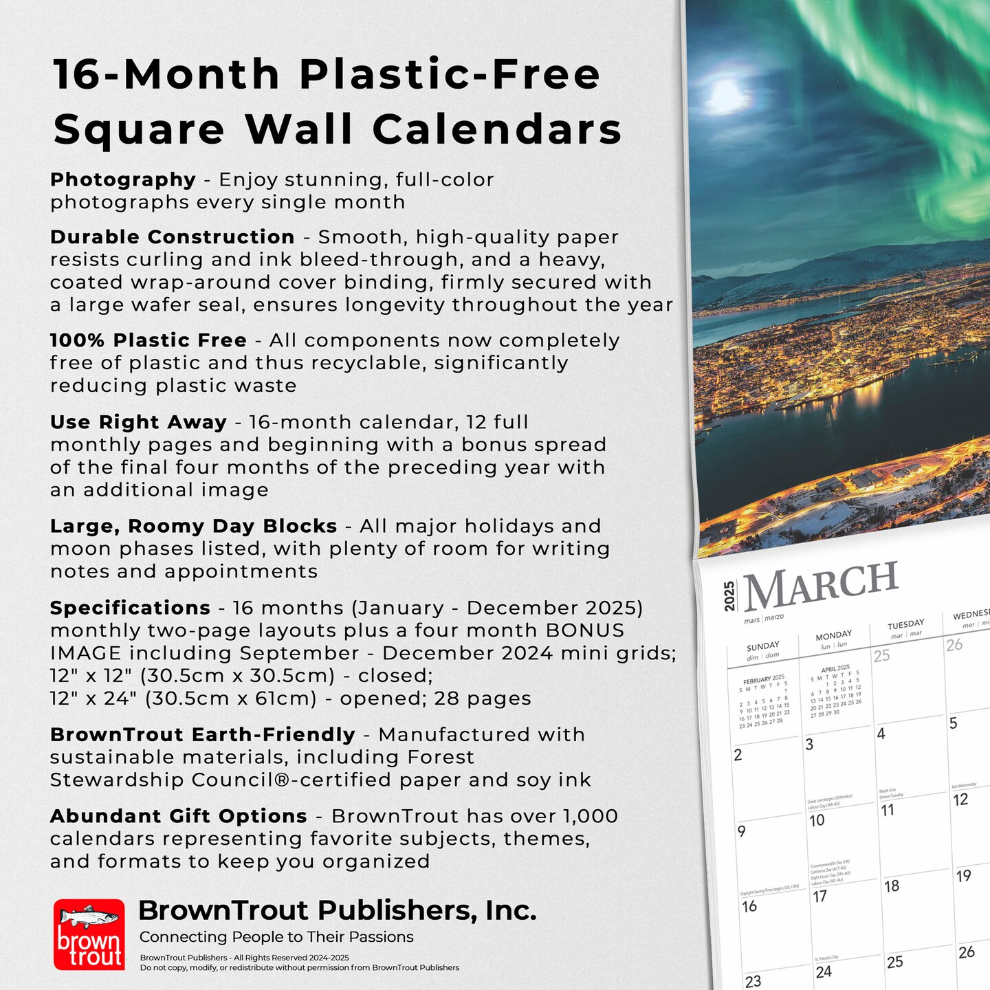Norway | 2025 12 x 24 Inch Monthly Square Wall Calendar | Plastic-Free | BrownTrout | Travel Europe Scandinavian Fjords