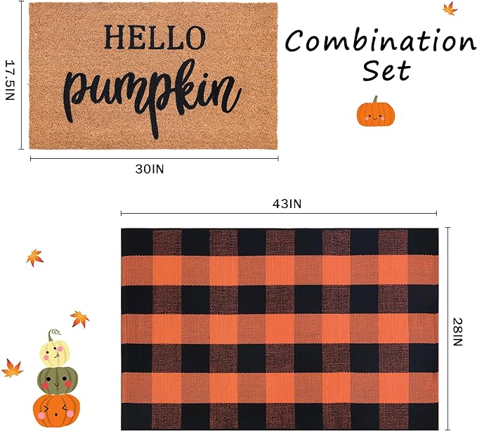 Fall Decor Doormat Combo Set, 100% Coco Coir Welcome Mat + 28 x 43&#x22; Orange and Black Plaid Rug - Fall Thanksgiving Front Porch Entryway Decor Floor Mat, Indoor Outdoors Autumn Mats Hello, Pumpkin.