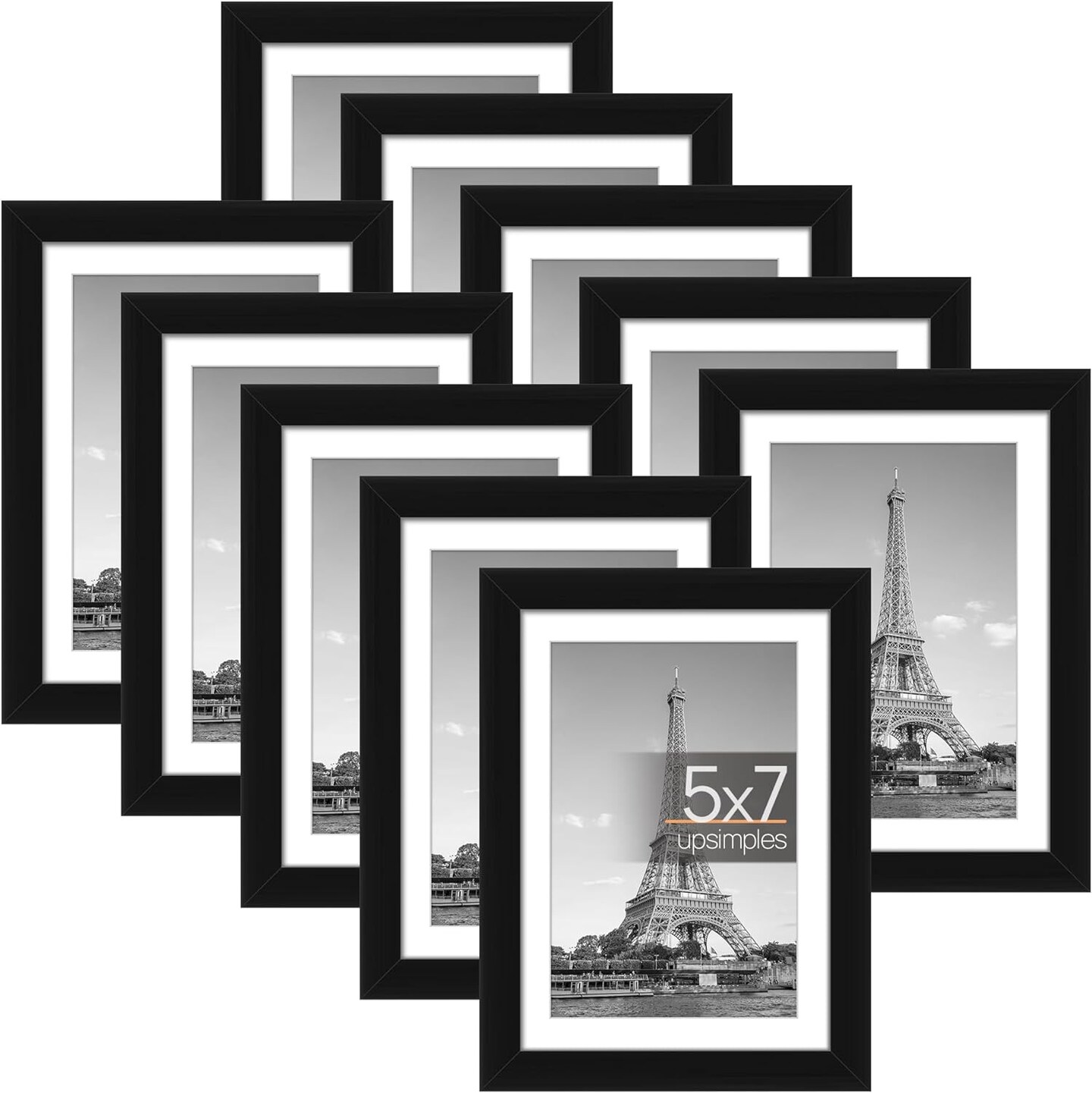 5x7 Picture Frame Set of 10 (4x6 with Mat or 5x7 without Mat), Multi Photo Frames Collage for Wall or Tabletop Display, Black