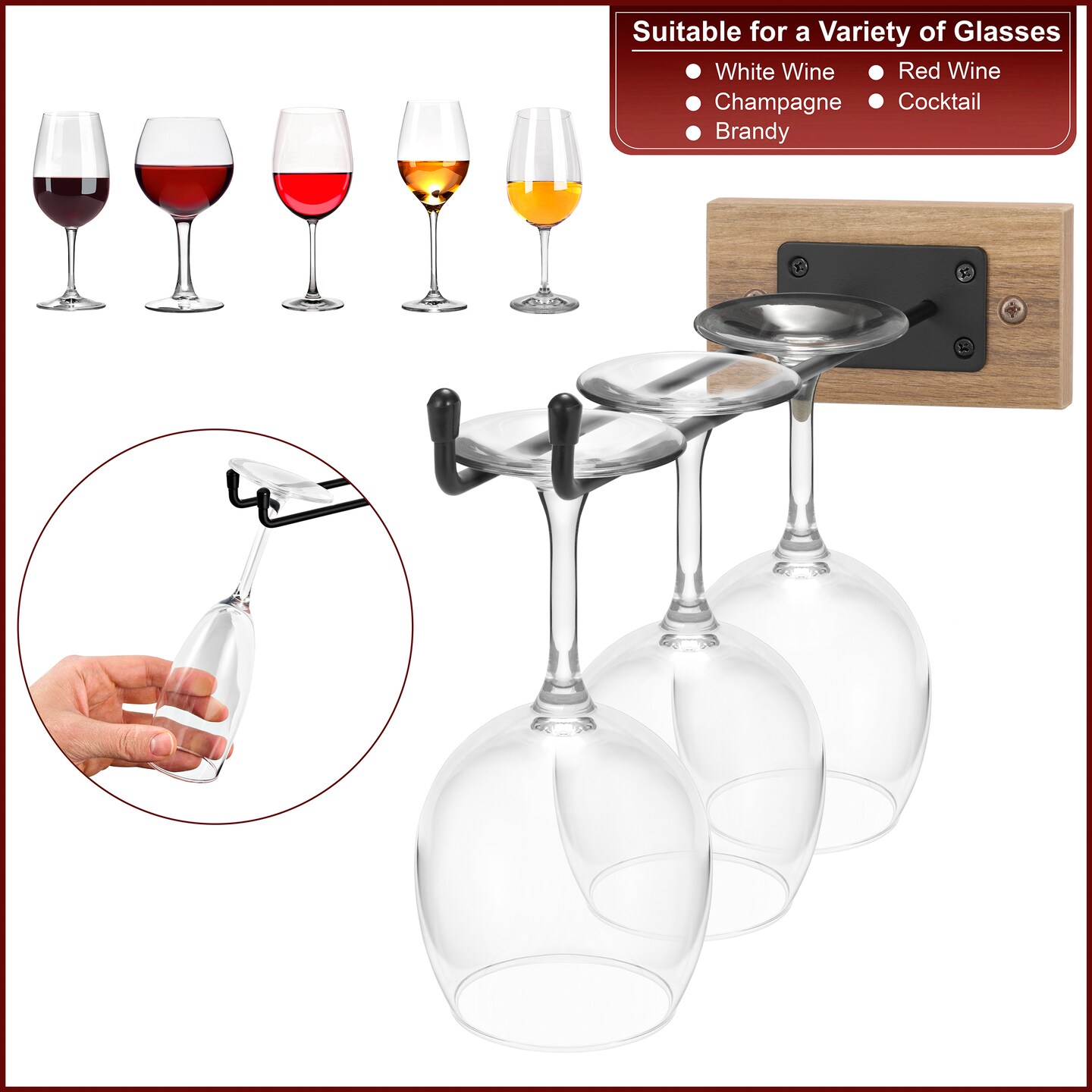 Sorbus Wall Mounted Wine Glass Rack, Wire & Wood Stemware Holder Set for Wine Glasses, Champagne Glasses, and Drinkware 2 Pack