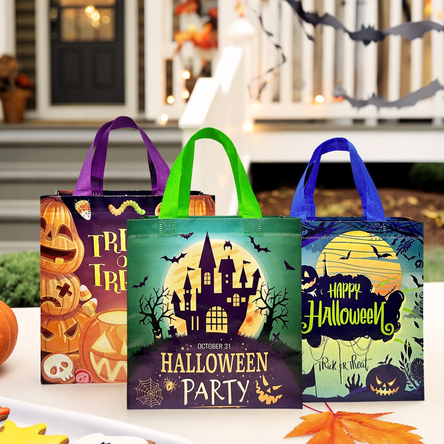 Wrapables Non-Woven Reusable Halloween Trick or Treat Bags with Handles for Parties, Gifts, Candy and Treats (Set of 8), Assorted