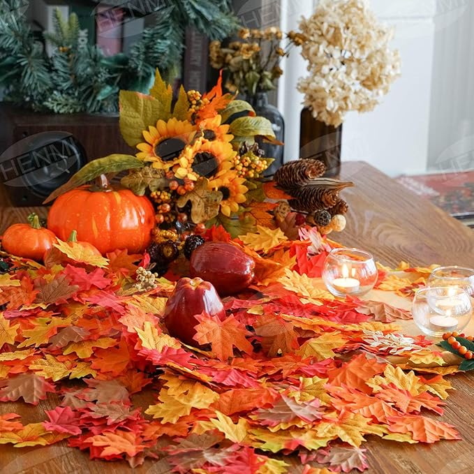 500 Pieces Artificial Maple Leaves 5 Assorted Mixed Fake Fall Maple Leaf Lifelike Looking Silk Autumn Leaf Garland for Halloween Decorations for fall parties, festivals, and Thanksgiving tables