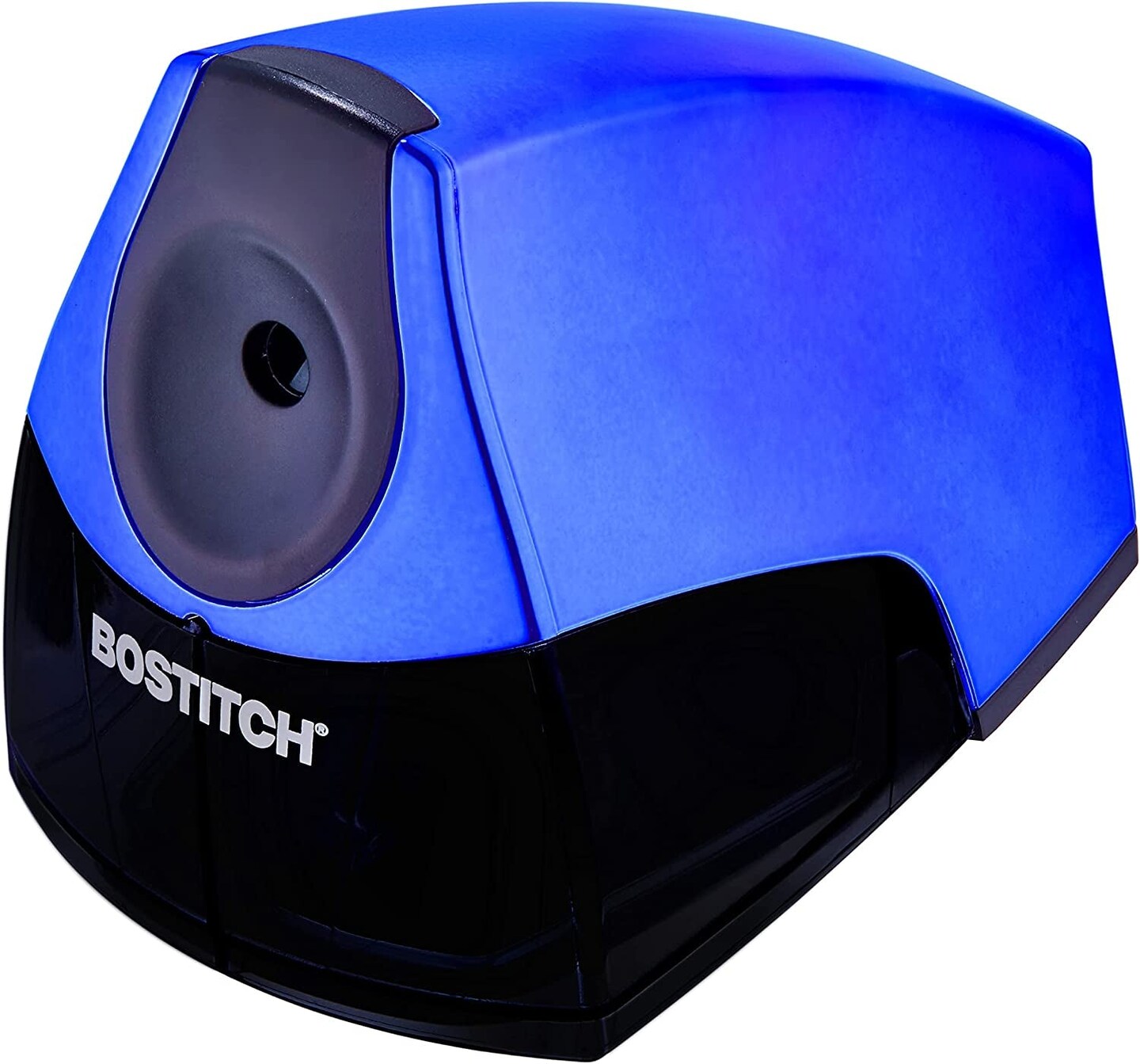 Office Personal Electric Pencil Sharpener, Powerful Stall-Free Motor, High Capacity Shavings Tray, Blue Chrome Metallic