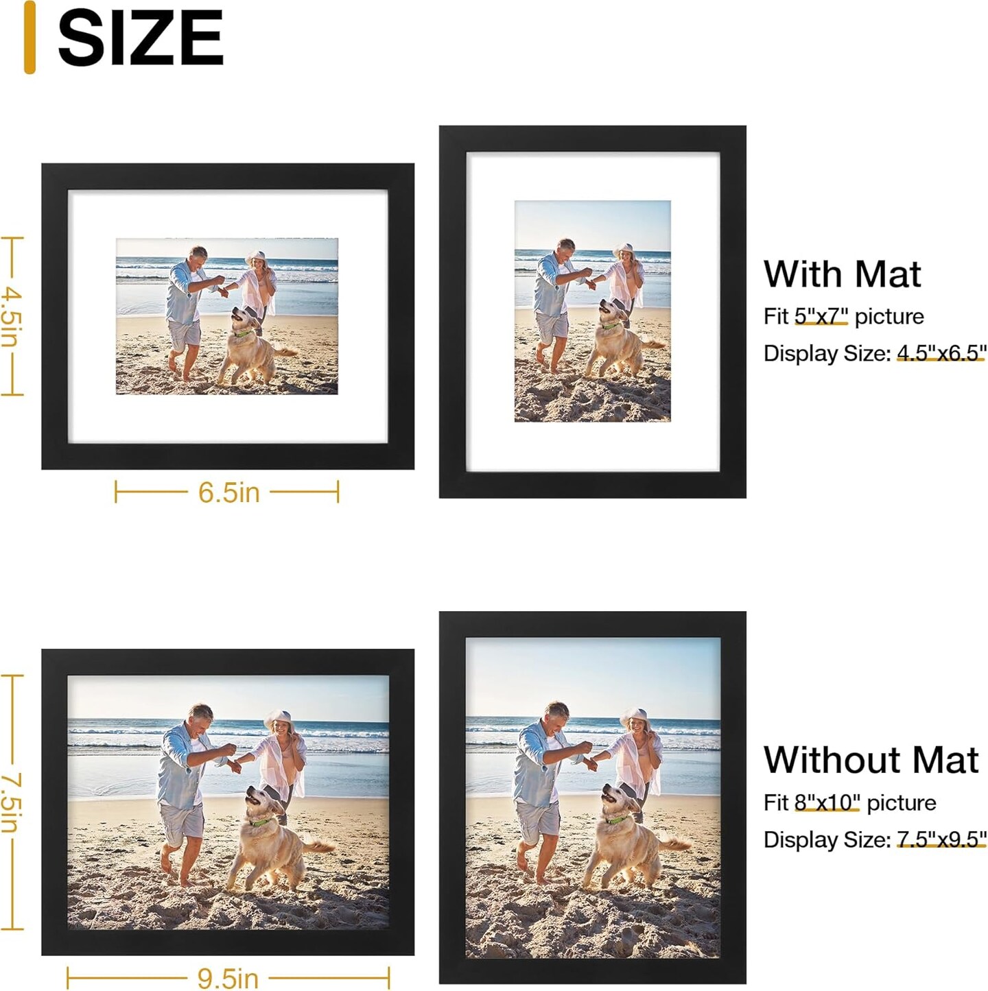 8x10 Picture Frame, Display Pictures 5x7 with Mat or 8x10 without Mat, Black Engineered Wood Photo Frame with Plexiglass for Wall and Tabletop Display, Picture Frames 8x10.